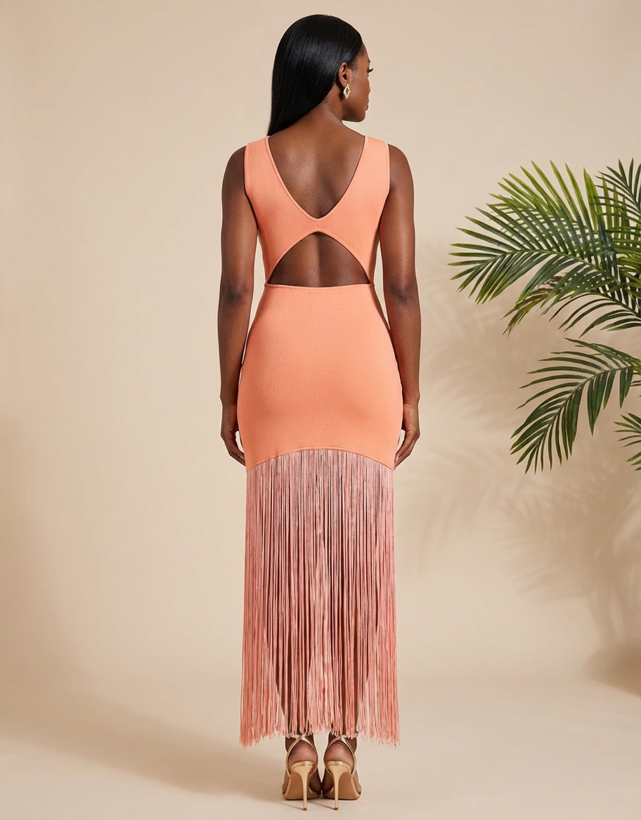 Coral Tease Fringe Midi Dress