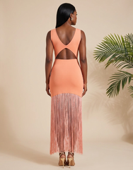 Coral Tease Fringe Midi Dress