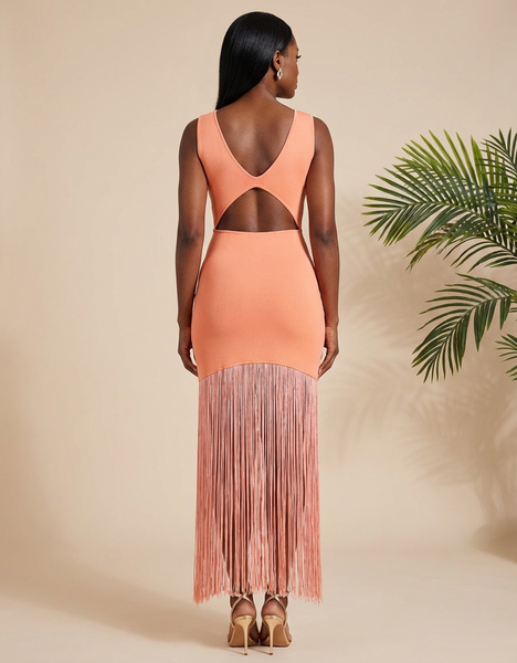 Coral Tease Fringe Midi Dress