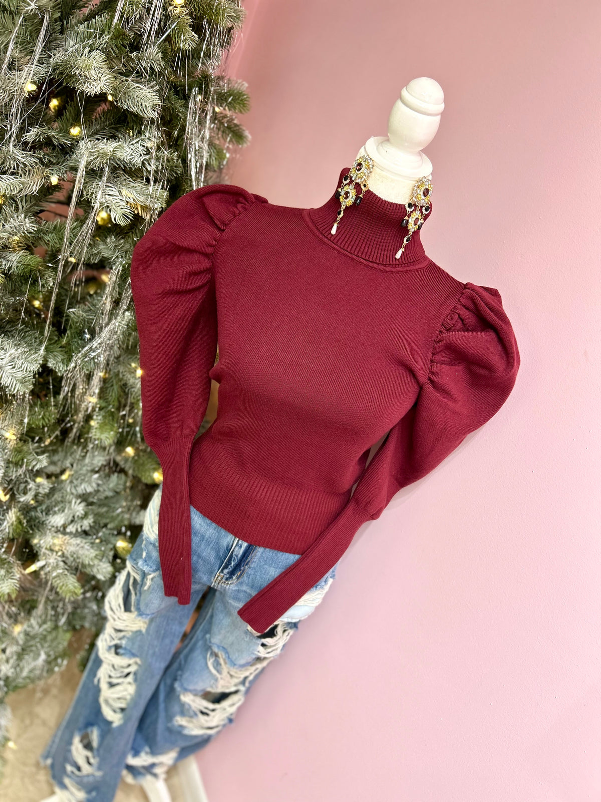 Wine Puff Turtleneck Knit Top