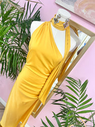 Amber Dusk Ruched Satin Midi Dress