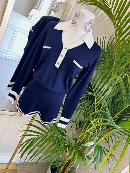 Navy Court Trim Knit Romper