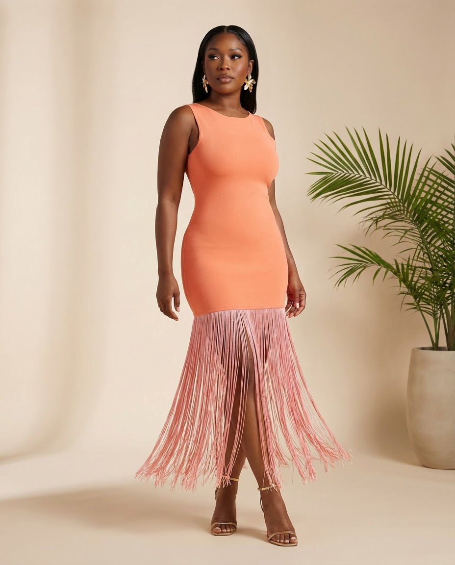 Coral Tease Fringe Midi Dress