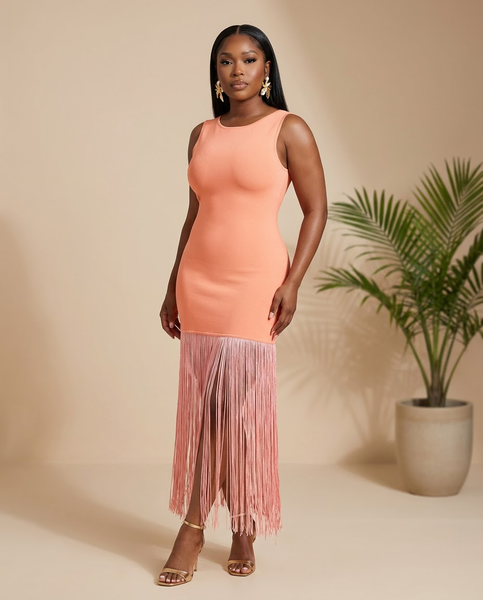 Coral Tease Fringe Midi Dress
