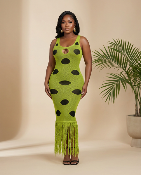 Electric Spot Knit Fringe Maxi Dress