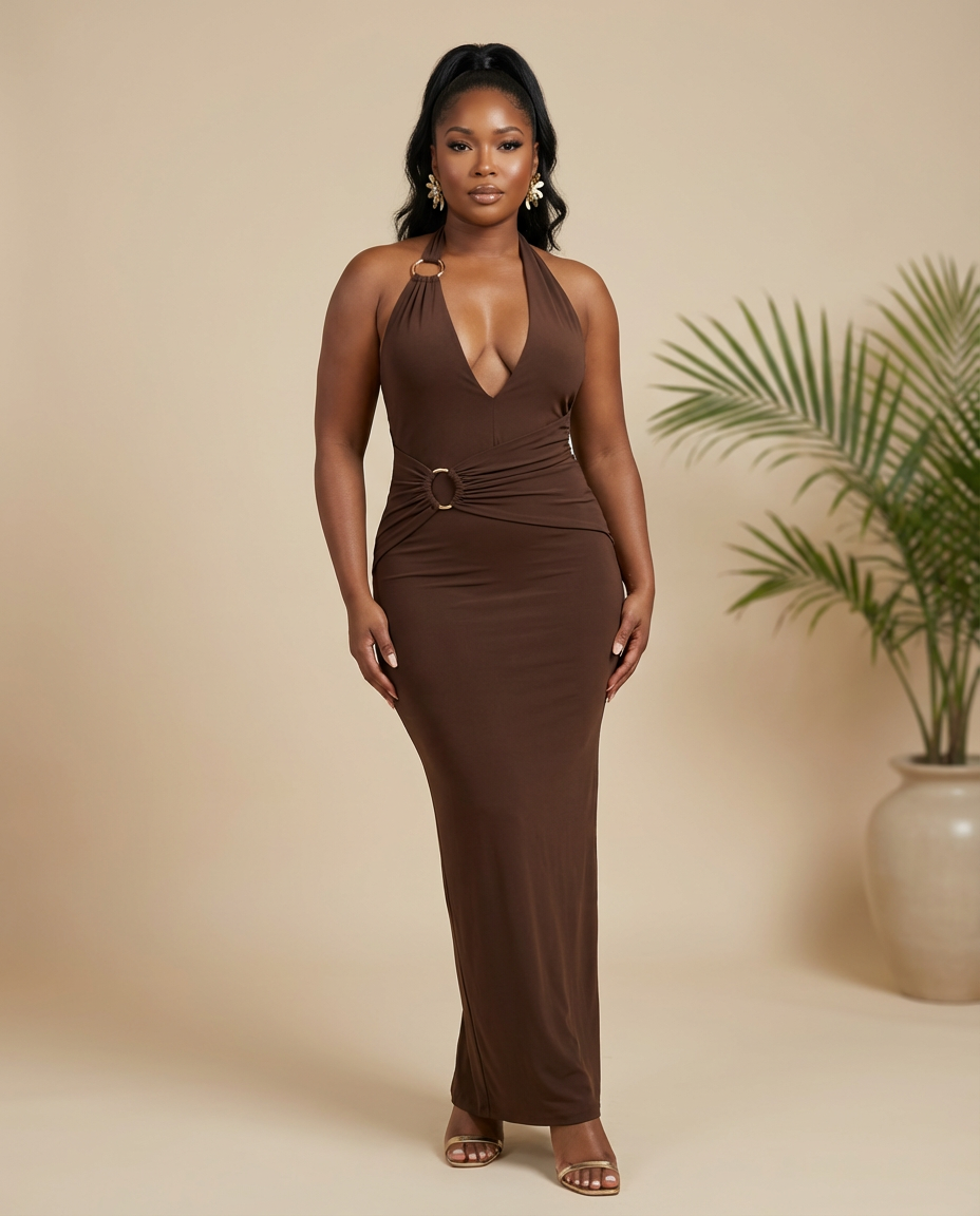Mocha Magnet Maxi Halter Dress