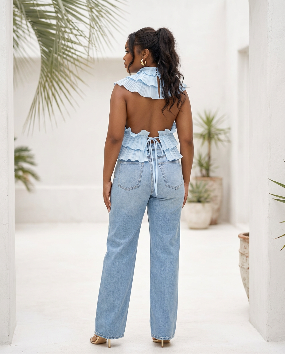 Baby Blue Peep Show Frill Halter Blouse