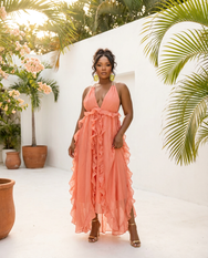 Guava Breeze Frill Halter Maxi Dress