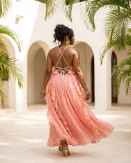 Guava Breeze Frill Halter Maxi Dress