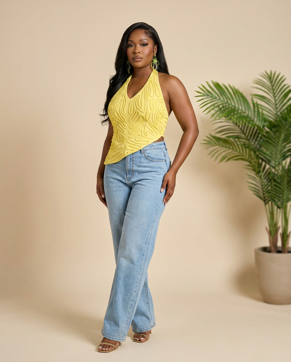 Butter Yellow Petal Sculpt Halter Top