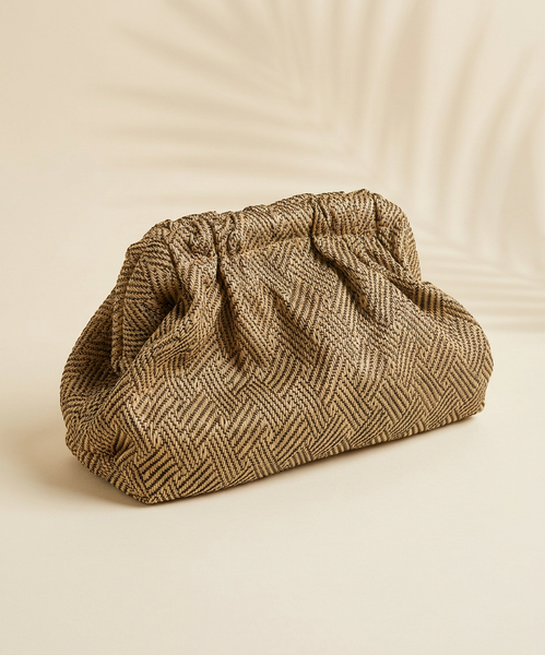 Mocha Herringbone Straw Clutch