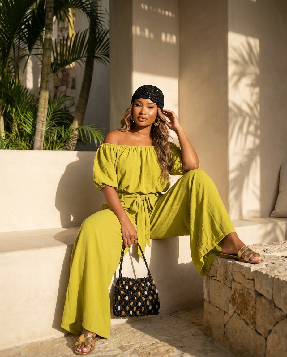 Chartreuse Isla Off Shoulder Co Ord