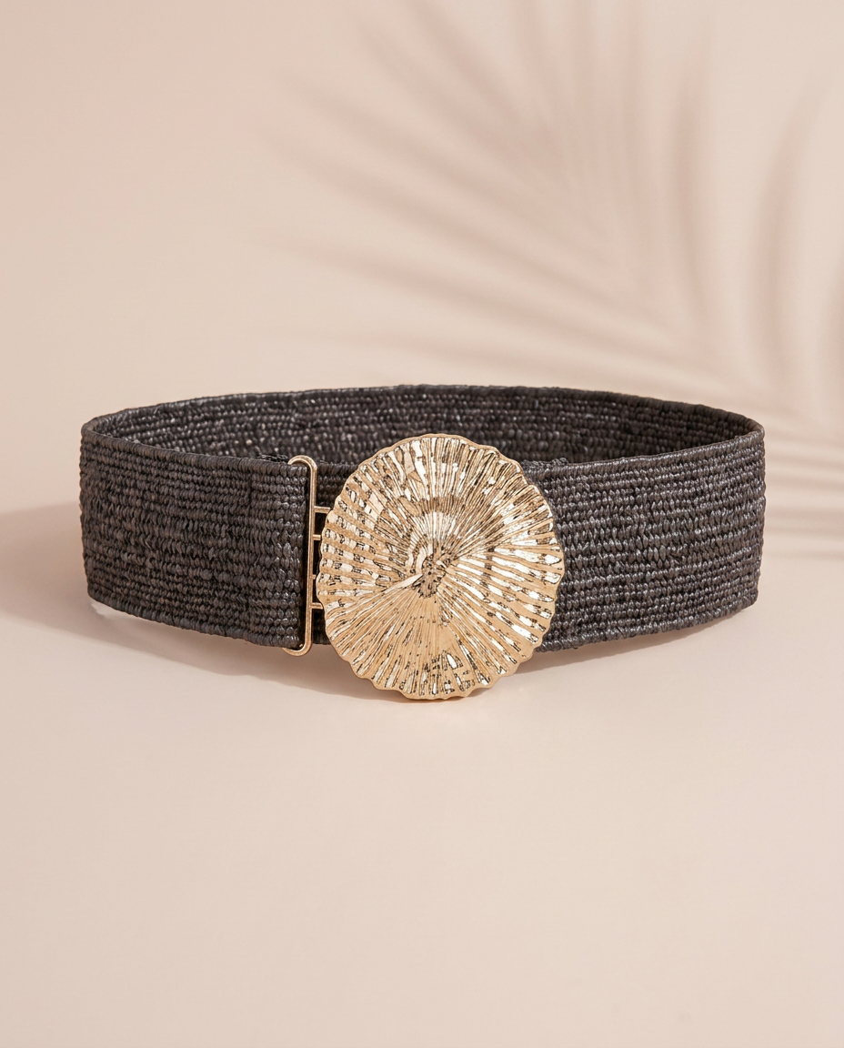 Mocha Shell Raffia Stretch Belt