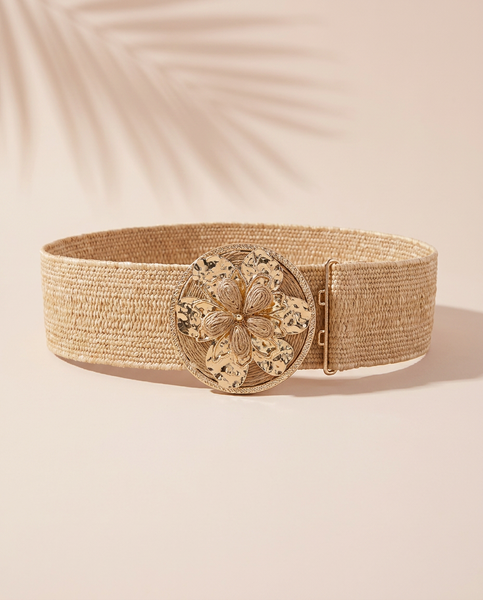 Tan Fleur Raffia Stretch Belt