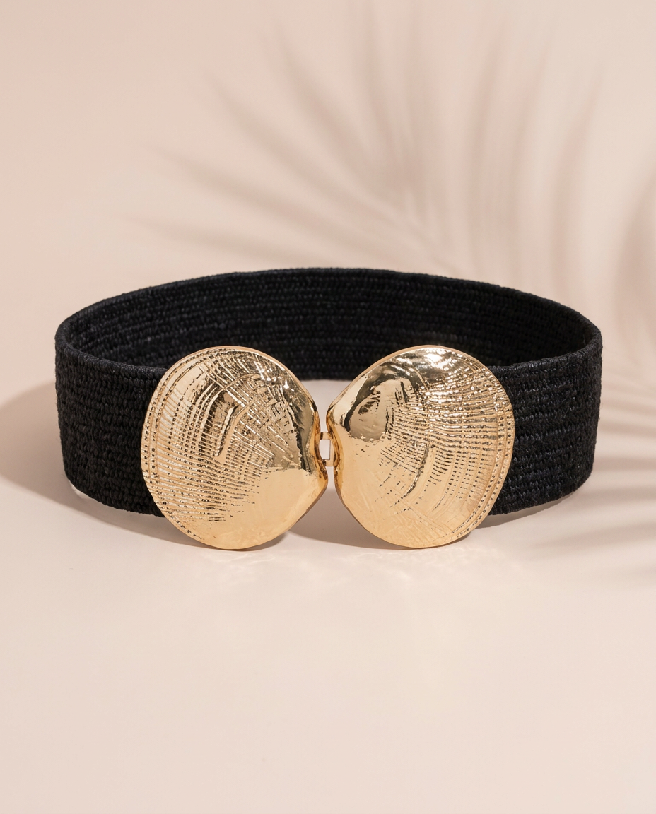 Black Seashell Raffia Stretch Belt