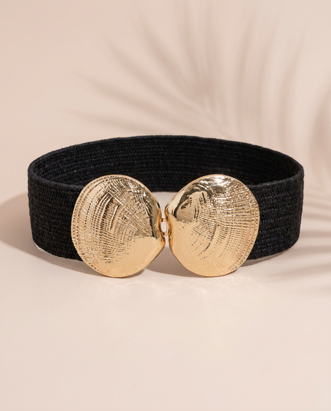 Black Seashell Raffia Stretch Belt