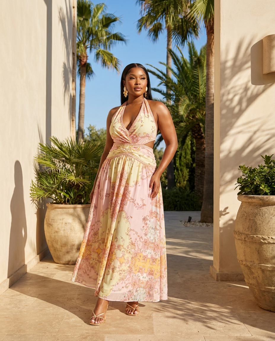 Champagne Garden Halter Maxi Dress
