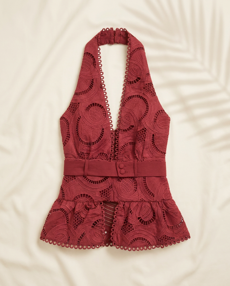Wine Belladonna Lace Halter Top