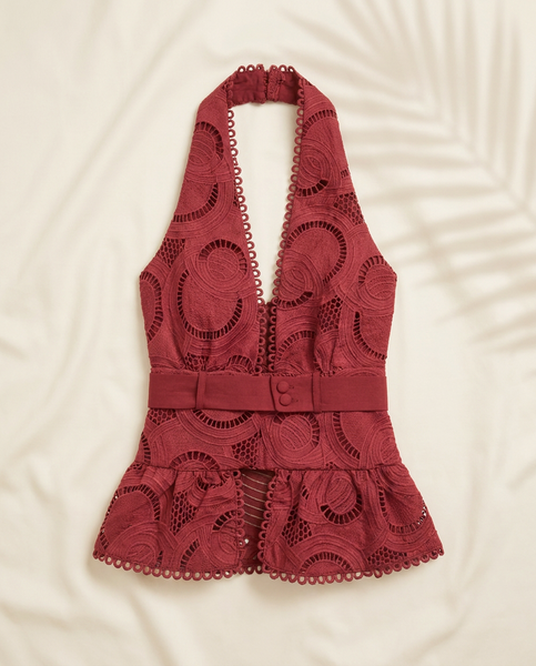 Wine Belladonna Lace Halter Top